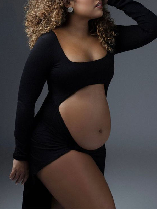Black Ruffle Cut Out Crop Side Slit Irregular Bodycon Photoshoot Maternity Maxi Dress