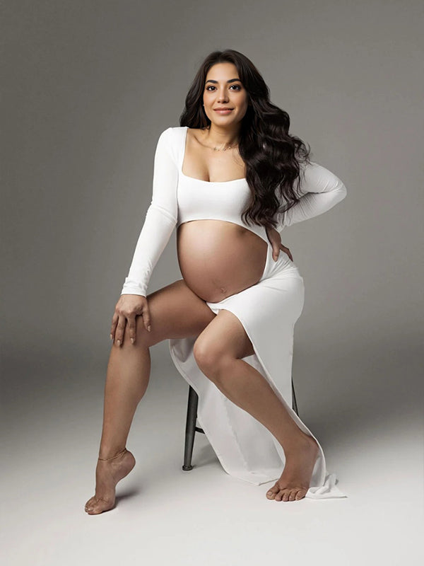 White Ruffle Cut Out Crop Side Slit Irregular Bodycon Photoshoot Maternity Maxi Dress