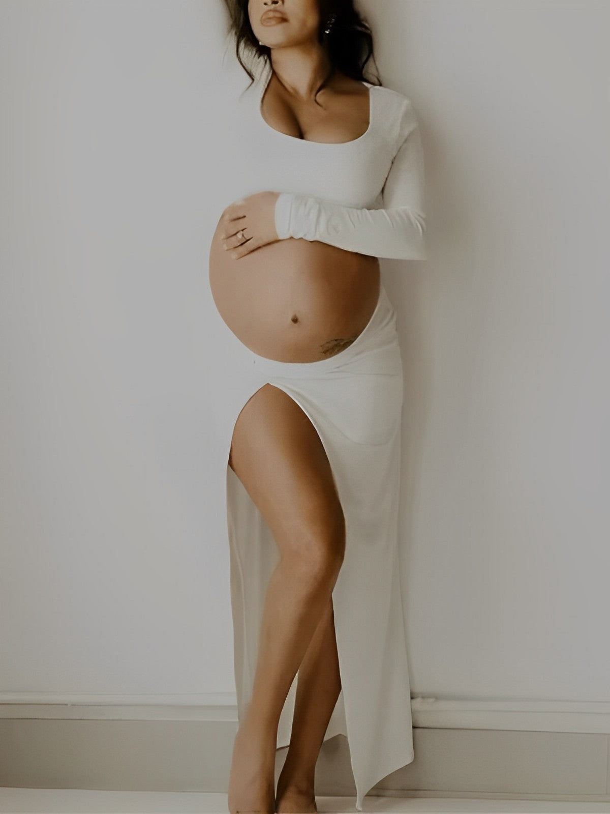 White Ruffle Cut Out Crop Side Slit Irregular Bodycon Photoshoot Maternity Maxi Dress