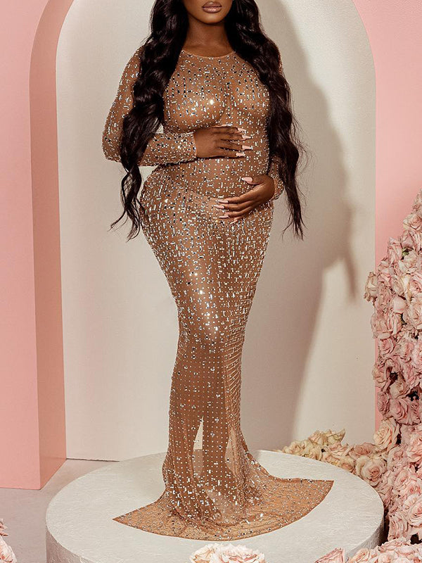 Sparkly Diamond Rhinestone Mesh Slit Long Sleeve Mermaid Sheer Maternity Photoshoot Elegant Baby Shower Party Maxi Dress