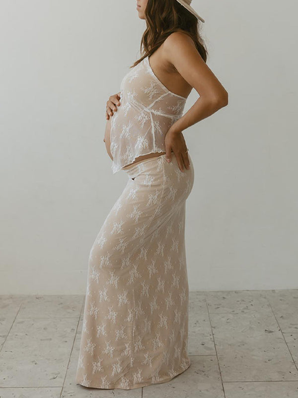 2 Piece Lace Tube Tie Ruffle Elegant Fashion Bodycon Vacation Photoshoot Baby Shower Maternity Maxi Dress