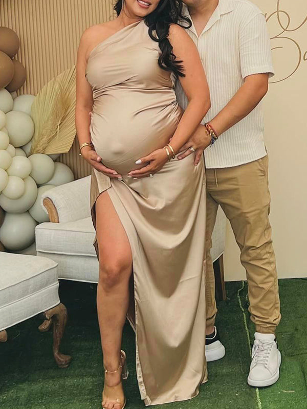 Champagne Gold One Shoulder Backless Side Slit Satin Evening Babyshower Maternity Maxi Dress