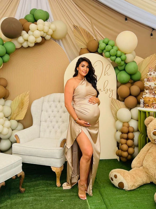 Champagne Gold One Shoulder Backless Side Slit Satin Evening Babyshower Maternity Maxi Dress