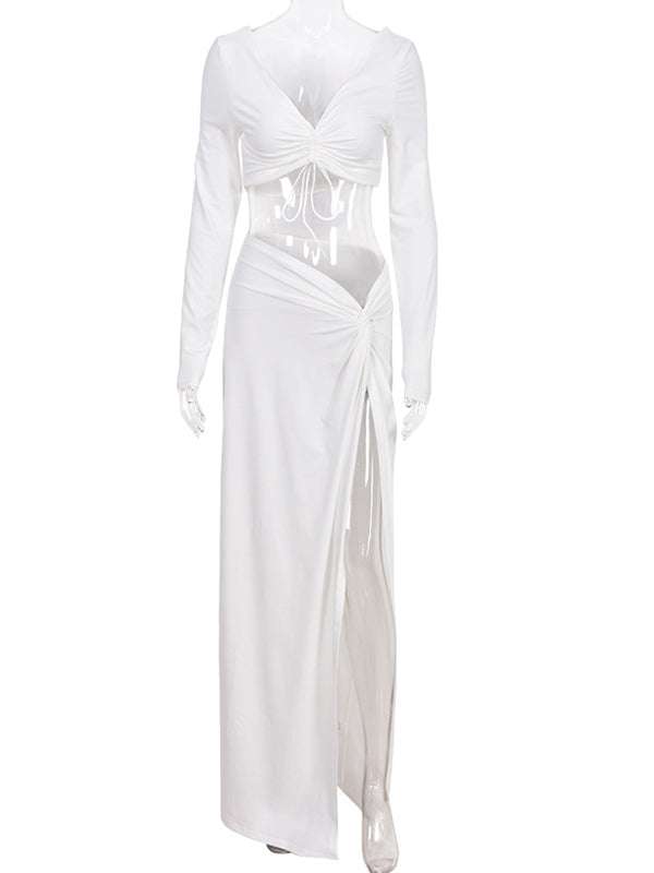 White 2 Pieces Ruched Drawstring Knot Side Slit Backless V-neck Baby Shower Photoshoot Maternity Maxi Dress