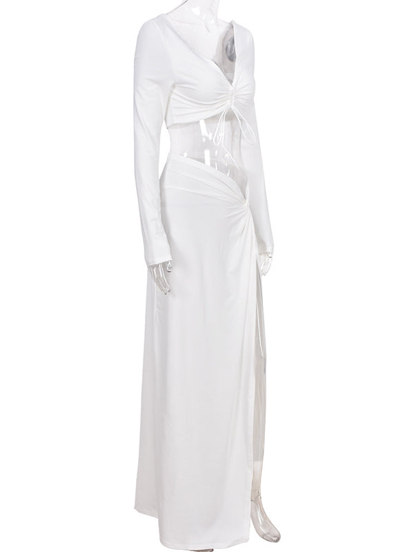 White 2 Pieces Ruched Drawstring Knot Side Slit Backless V-neck Baby Shower Photoshoot Maternity Maxi Dress