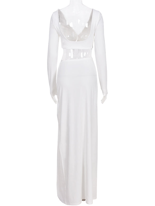 White 2 Pieces Ruched Drawstring Knot Side Slit Backless V-neck Baby Shower Photoshoot Maternity Maxi Dress