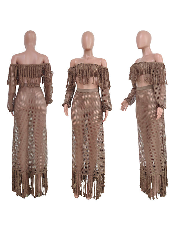 Khaki 2 Pieces Tassel Cut Out Side Slit Beach Photoshoot Maternity Maxi Dress