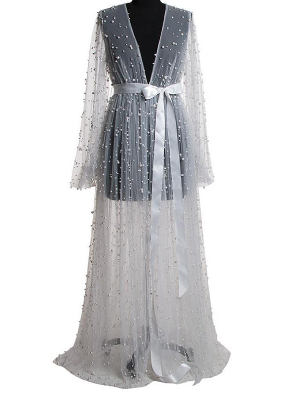 White Mesh Pearl Sashes Robe Puff Sleeve Photoshoot Maternity Maxi Dress