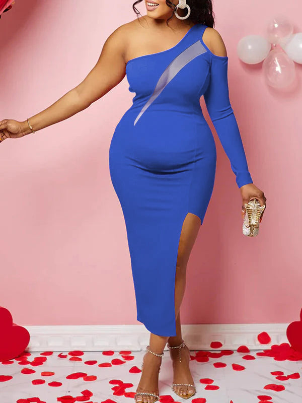 Mesh Bodycon Side Slit Belly Friendly Single Sleeve Babyshower Maternity Midi Dress