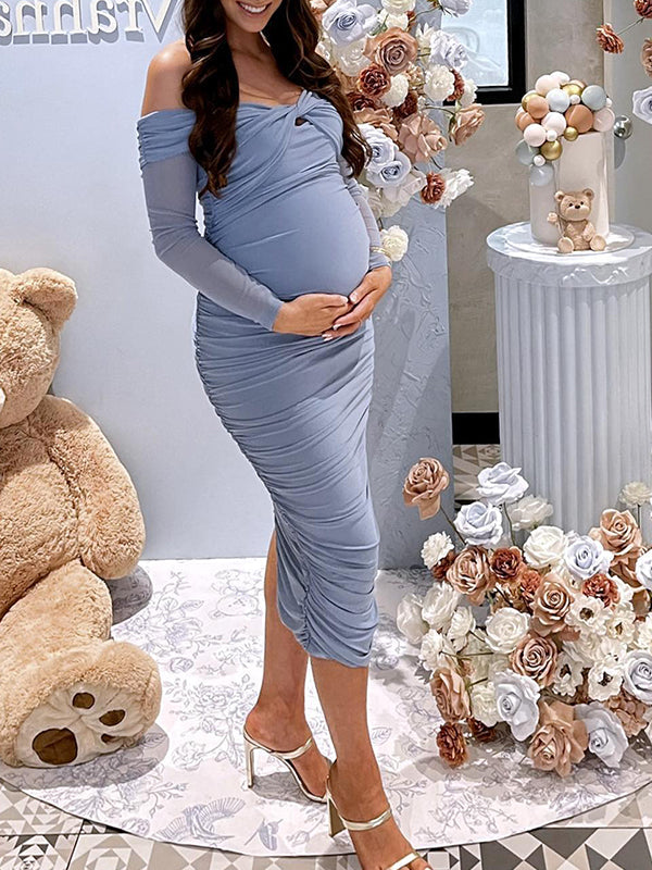 Blue Ruched Off Shoulder Cross Chest Bodycon Elegant Wedding Guest Maternity Photoshoot Midi Dress