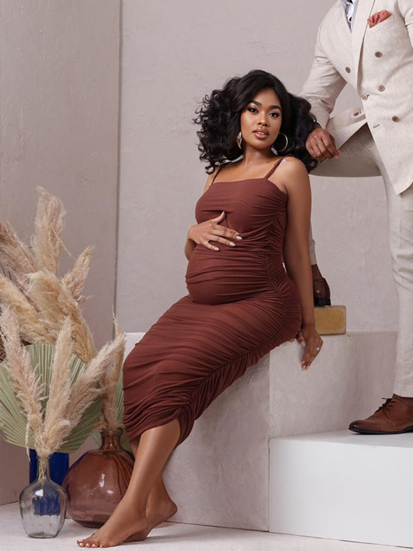 Brown Bodycon Cascading Ruffle Spaghetti Strap Chic Fashion Maternity Photoshoot Maxi Dress