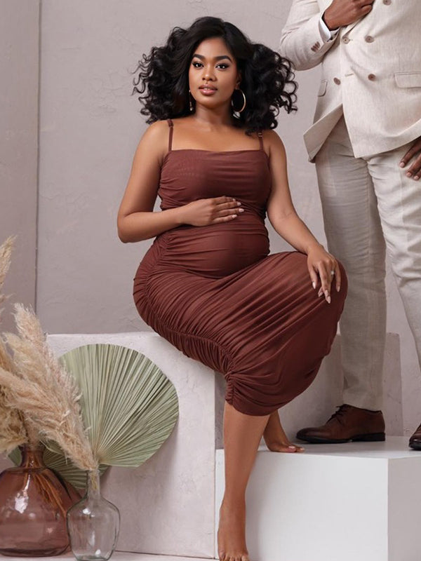 Brown Bodycon Cascading Ruffle Spaghetti Strap Chic Fashion Maternity Photoshoot Maxi Dress