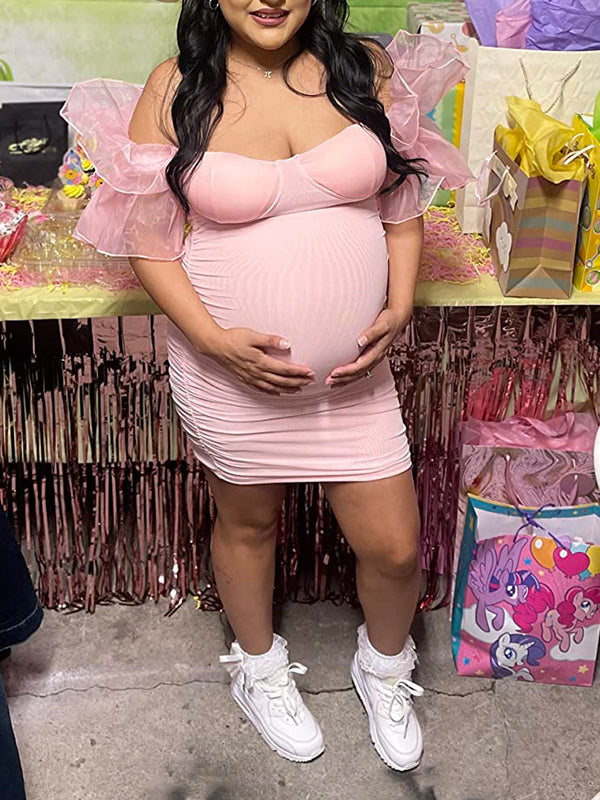 Pink Off Shoulder Ruffle Tulle Splicing Bandeau Bodycon Party Baby Shower Maternity Mini Dress