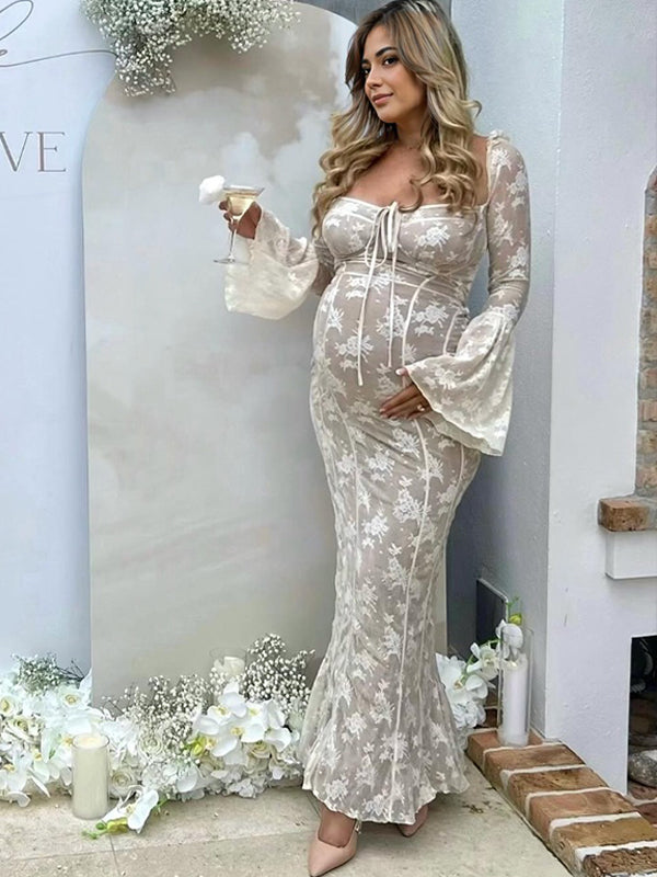 White Lace Corset Square Neck Flare Sleeve Off Shoulder Bodycon Elegant Cocktail Party Maternity Photoshoot Baby Shower Maxi Dress