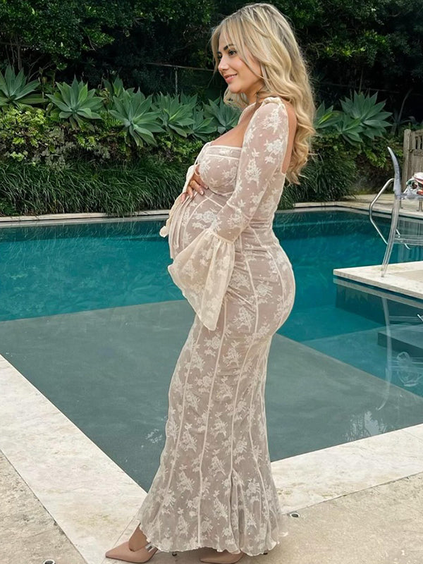White Lace Corset Square Neck Flare Sleeve Off Shoulder Bodycon Elegant Cocktail Party Maternity Photoshoot Baby Shower Maxi Dress