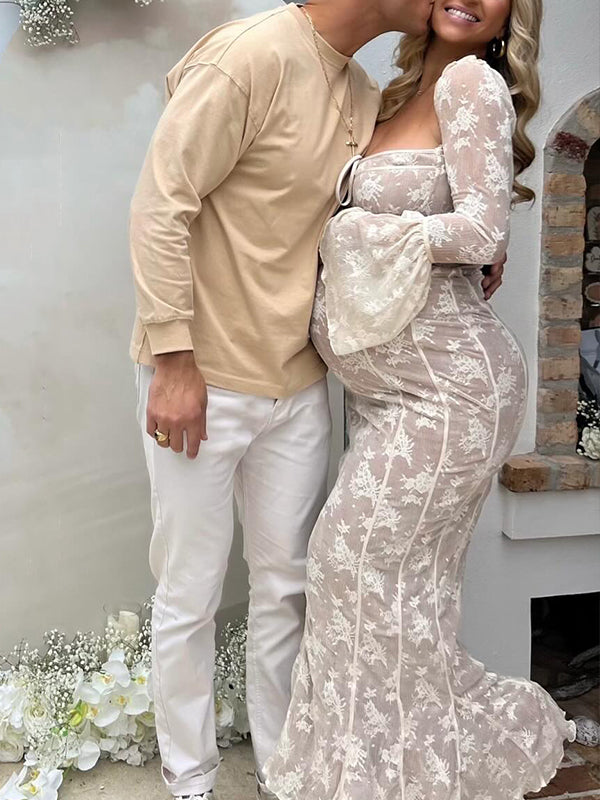 White Lace Corset Square Neck Flare Sleeve Off Shoulder Bodycon Elegant Cocktail Party Maternity Photoshoot Baby Shower Maxi Dress
