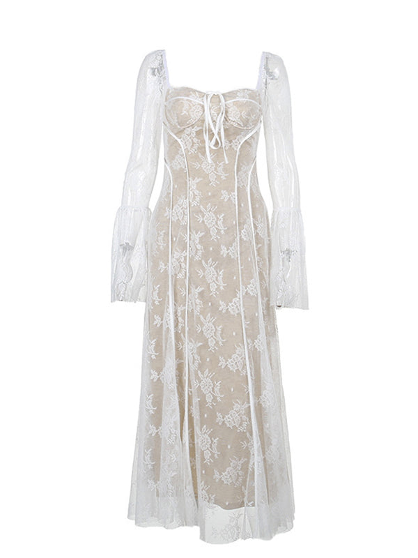 White Lace Corset Square Neck Flare Sleeve Off Shoulder Bodycon Elegant Cocktail Party Maternity Photoshoot Baby Shower Maxi Dress