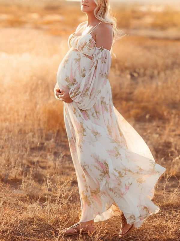 White Floral Cut Out Off Shoulder Backless Cami Big Swing Elegant Vacation Maternity Hobo Photoshoot Baby Shower Maxi Dress