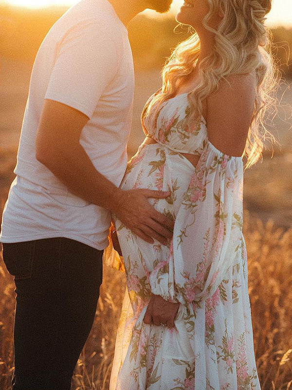 White Floral Cut Out Off Shoulder Backless Cami Big Swing Elegant Vacation Maternity Hobo Photoshoot Baby Shower Maxi Dress