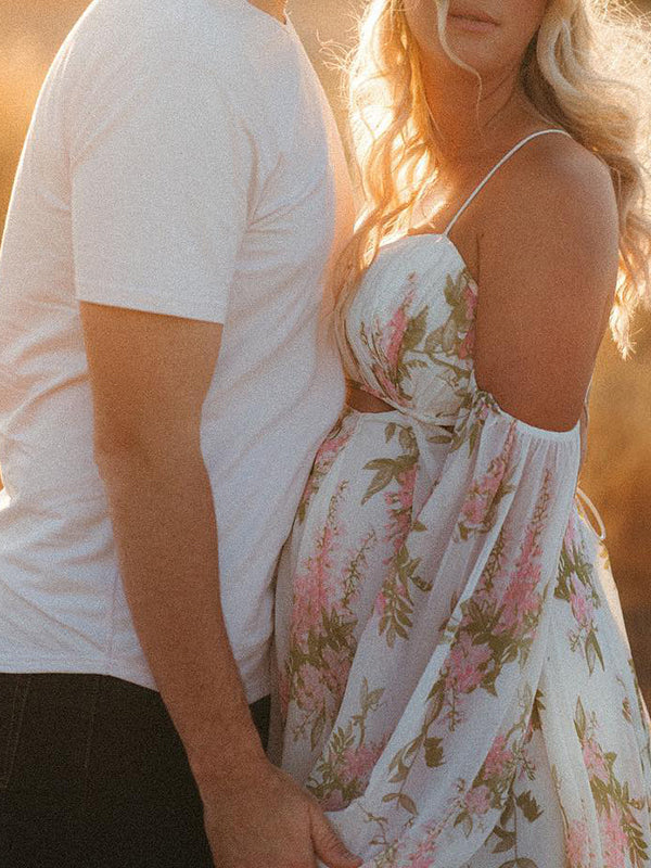 White Floral Cut Out Off Shoulder Backless Cami Big Swing Elegant Vacation Maternity Hobo Photoshoot Baby Shower Maxi Dress