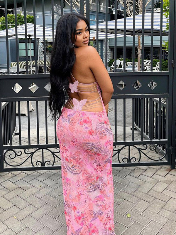 Spaghetti Strap Backless cami Printing Butterfly Bodycon Chic Maternity Maxi Dress