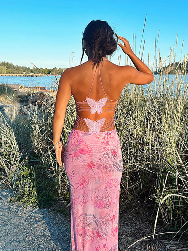 Spaghetti Strap Backless cami Printing Butterfly Bodycon Chic Maternity Maxi Dress