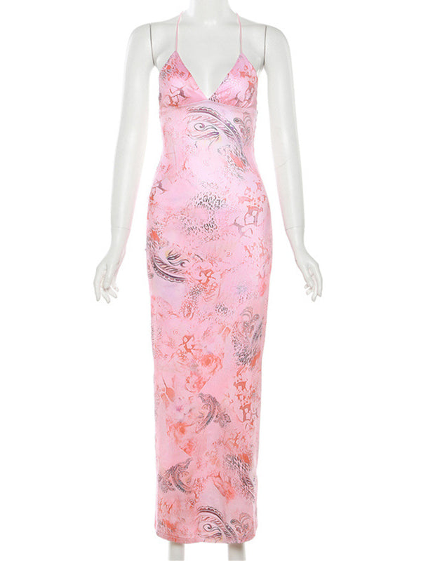 Spaghetti Strap Backless cami Printing Butterfly Bodycon Chic Maternity Maxi Dress