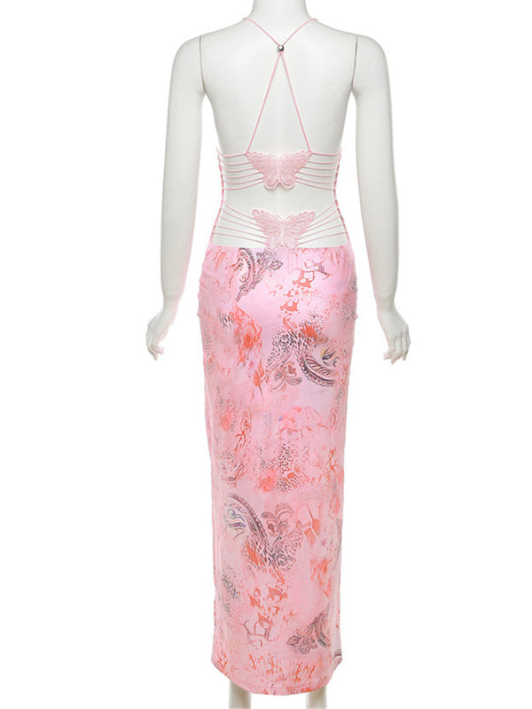 Spaghetti Strap Backless cami Printing Butterfly Bodycon Chic Maternity Maxi Dress