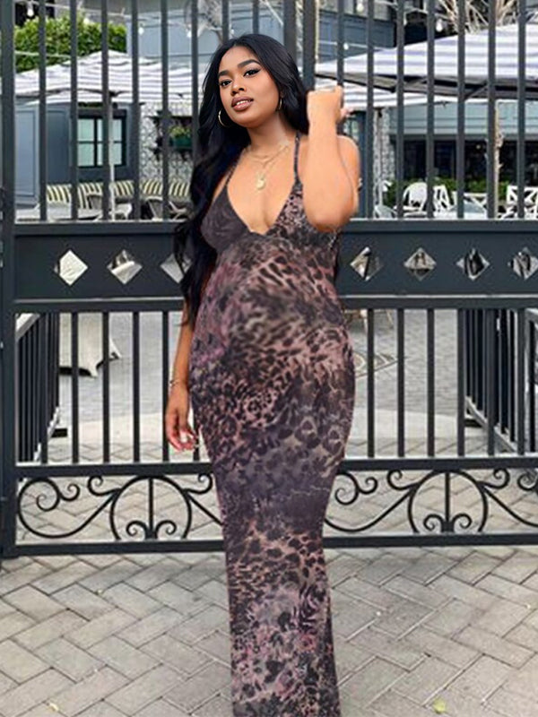 Spaghetti Strap Backless cami Printing Butterfly Bodycon Chic Maternity Maxi Dress