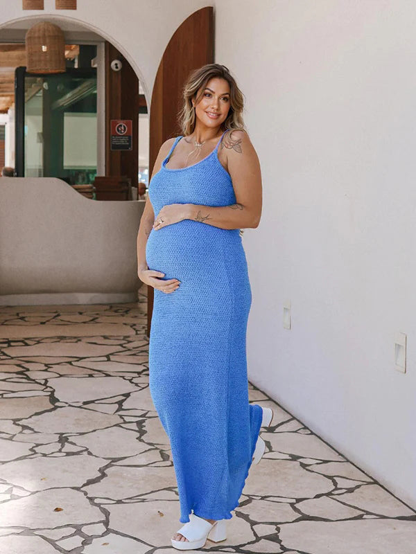 Blue Spaghetti Strap Backless Crochet Mermaid Bandage Bodycon Vacation Photoshoot Maternity Maxi Dress