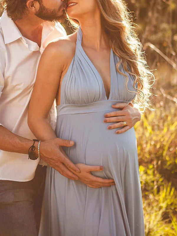 Spaghetti Strap Backless Tie Back High Waist Boho Photoshoot Maternity Maxi Dress