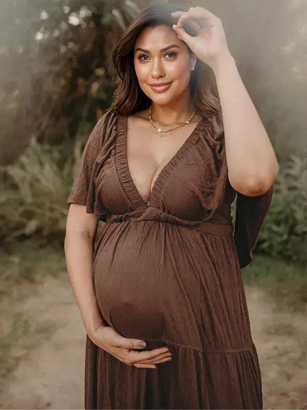 Boho Solid Color V-Neck Backless Flare Sleeve High Waist Photoshoot Maternity Maxi Dress