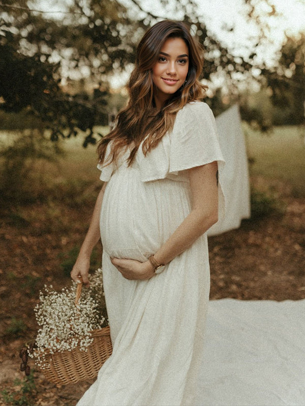 Boho Solid Color V-Neck Backless Flare Sleeve High Waist Photoshoot Maternity Maxi Dress