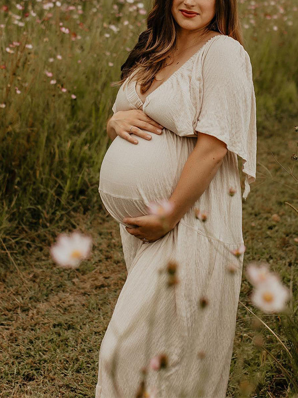 Boho Solid Color V-Neck Backless Flare Sleeve High Waist Photoshoot Maternity Maxi Dress