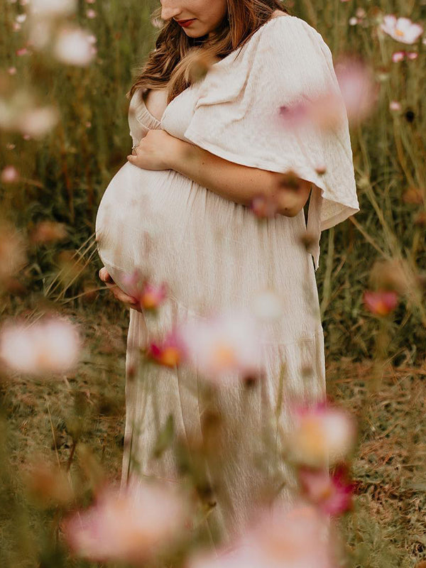 Boho Solid Color V-Neck Backless Flare Sleeve High Waist Photoshoot Maternity Maxi Dress