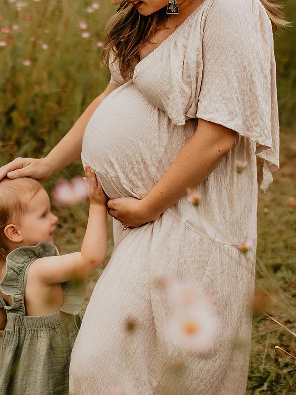 Boho Solid Color V-Neck Backless Flare Sleeve High Waist Photoshoot Maternity Maxi Dress
