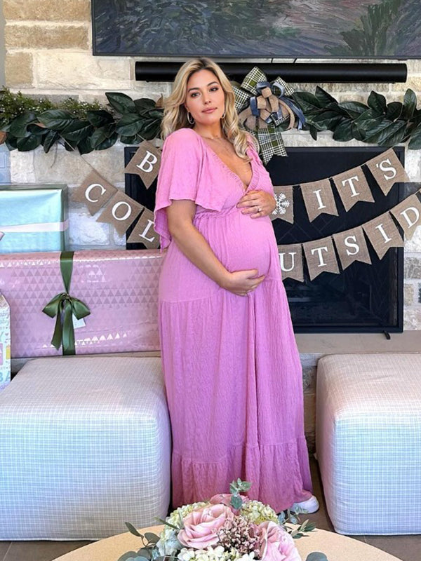 Boho Solid Color V-Neck Backless Flare Sleeve High Waist Photoshoot Maternity Maxi Dress