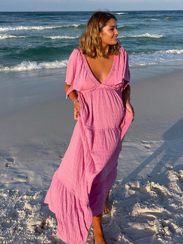 Boho Solid Color V-Neck Backless Flare Sleeve High Waist Photoshoot Maternity Maxi Dress