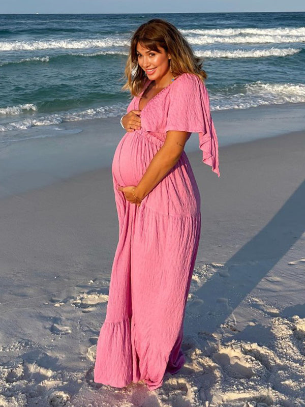 Boho Solid Color V-Neck Backless Flare Sleeve High Waist Photoshoot Maternity Maxi Dress