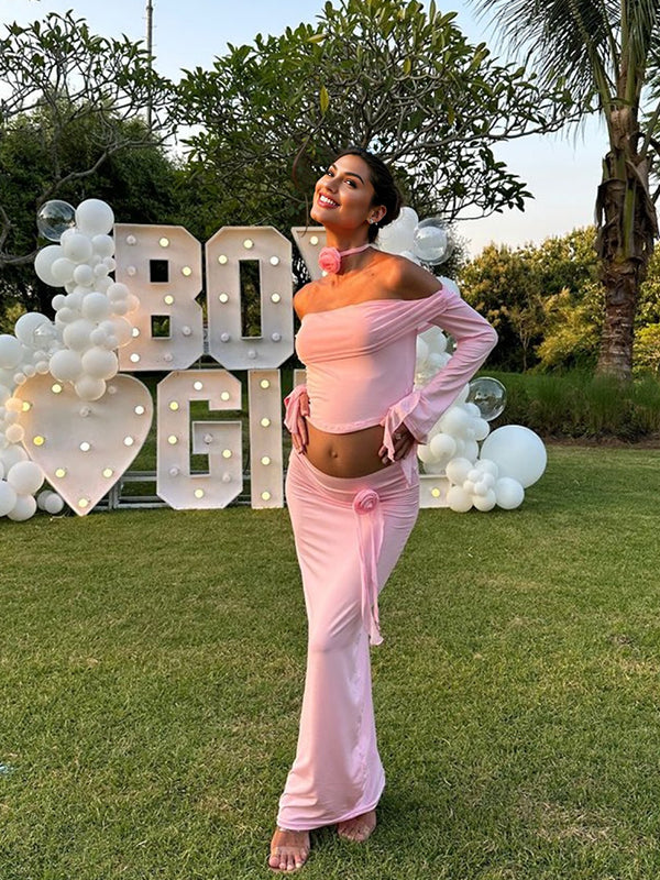 Pink 3D Flowers Off Shoulder Ruffle Falbala Draped Two Piece Set Crop Top And Skirt Chic Going Out Vacation Maternity Photoshoot Baby Shower Maxi Dress