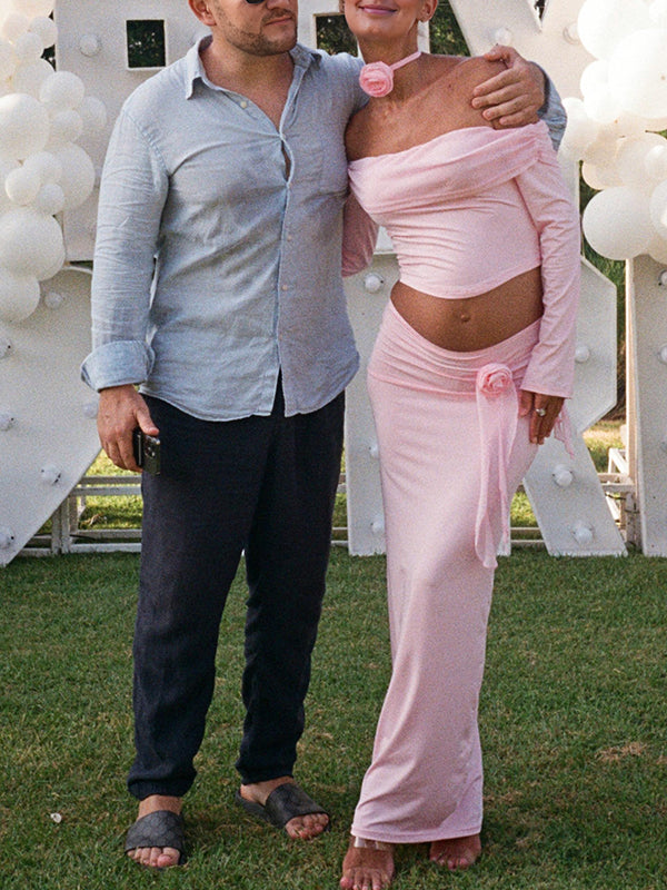 Pink 3D Flowers Off Shoulder Ruffle Falbala Draped Two Piece Set Crop Top And Skirt Chic Going Out Vacation Maternity Photoshoot Baby Shower Maxi Dress