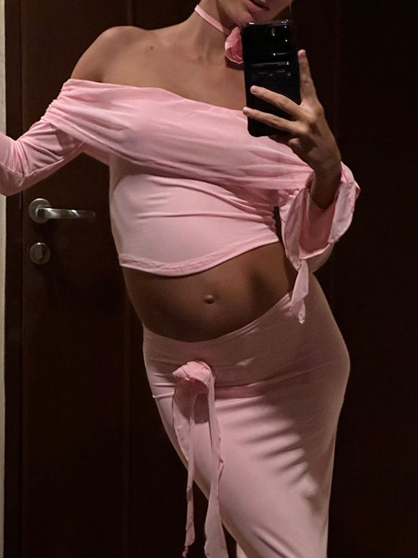 Pink 3D Flowers Off Shoulder Ruffle Falbala Draped Two Piece Set Crop Top And Skirt Chic Going Out Vacation Maternity Photoshoot Baby Shower Maxi Dress