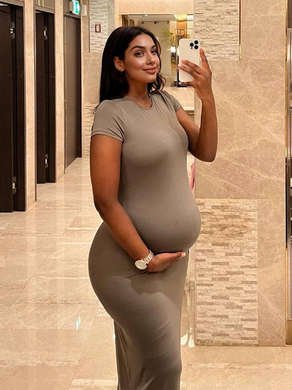 Solid Color Round Neck Short Sleeve Bodycon Chic Basic Going Out Daily Maternity Baby Shower Maxi Dress