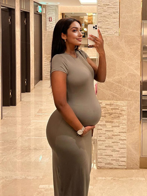 Solid Color Round Neck Short Sleeve Bodycon Chic Basic Going Out Daily Maternity Baby Shower Maxi Dress