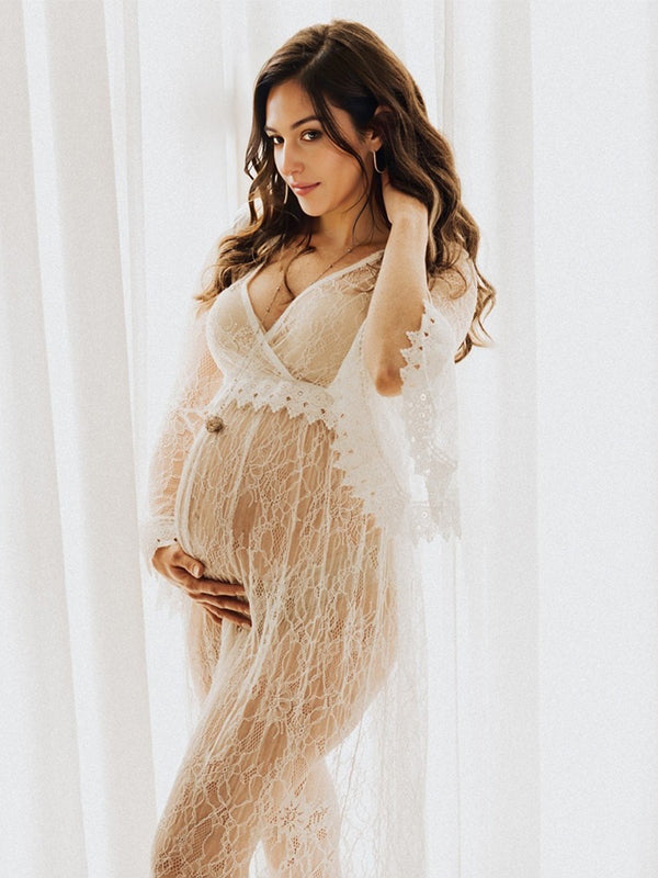 White Lace Big Swing V-neck Flare Sleeve Elegant Sheer Maternity Photoshoot Baby Shower Maxi Dress