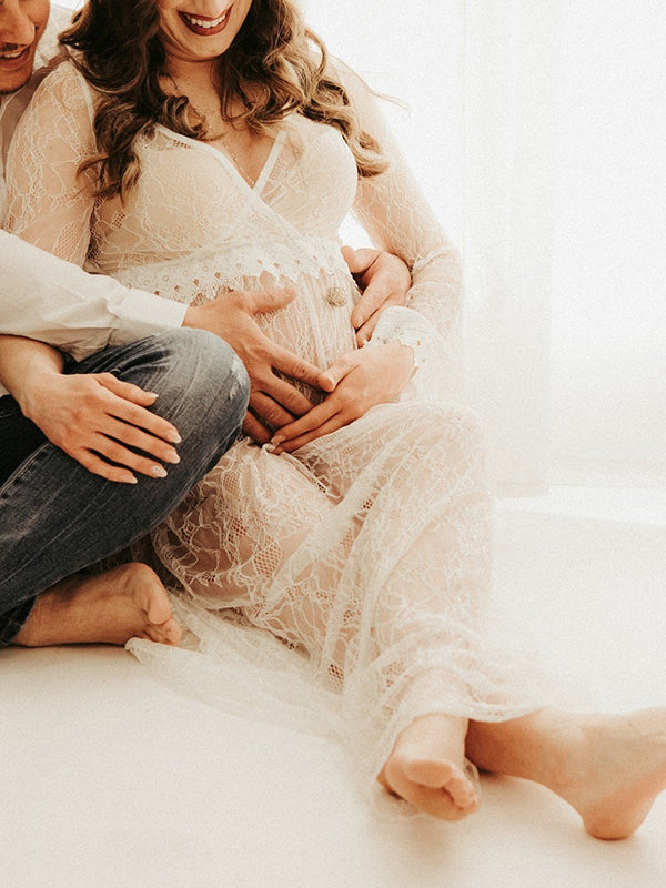 White Lace Big Swing V-neck Flare Sleeve Elegant Sheer Maternity Photoshoot Baby Shower Maxi Dress