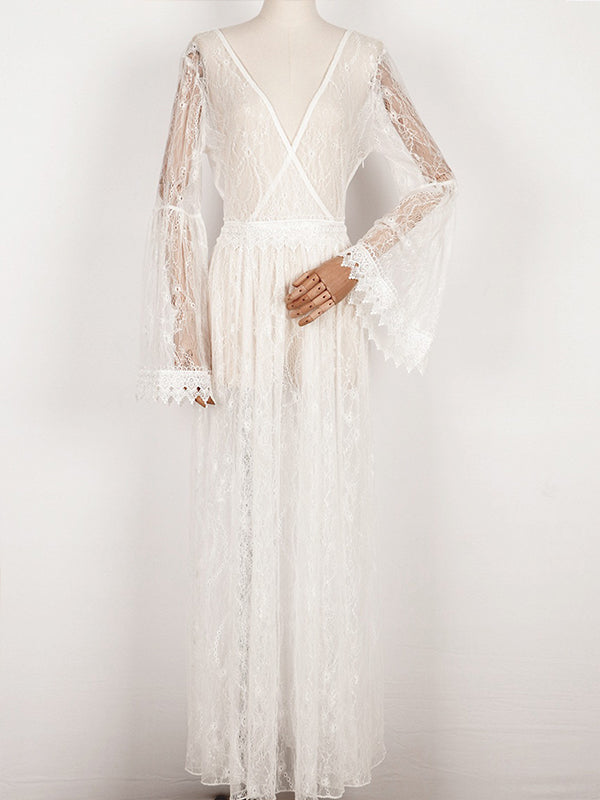 White Lace Big Swing V-neck Flare Sleeve Elegant Sheer Maternity Photoshoot Baby Shower Maxi Dress