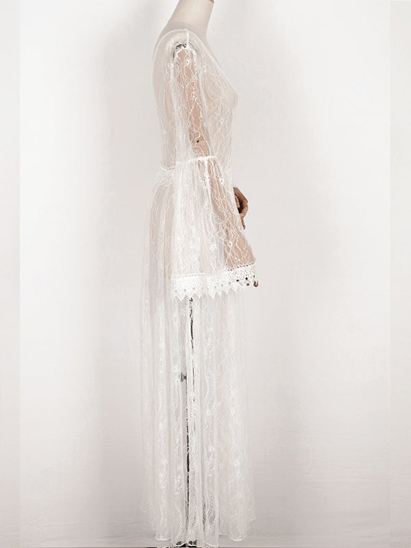 White Lace Big Swing V-neck Flare Sleeve Elegant Sheer Maternity Photoshoot Baby Shower Maxi Dress