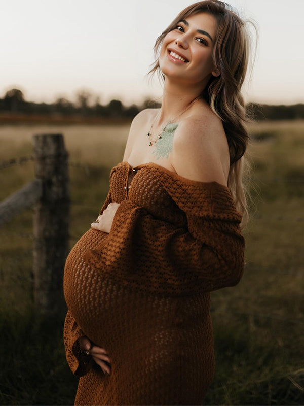 Coffee Color V-Neck Knitting Cut Out Beach Vacation Photoshoot Maternity Maxi Dress