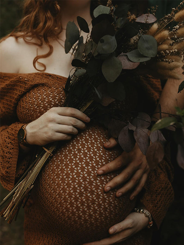 Coffee Color V-Neck Knitting Cut Out Beach Vacation Photoshoot Maternity Maxi Dress
